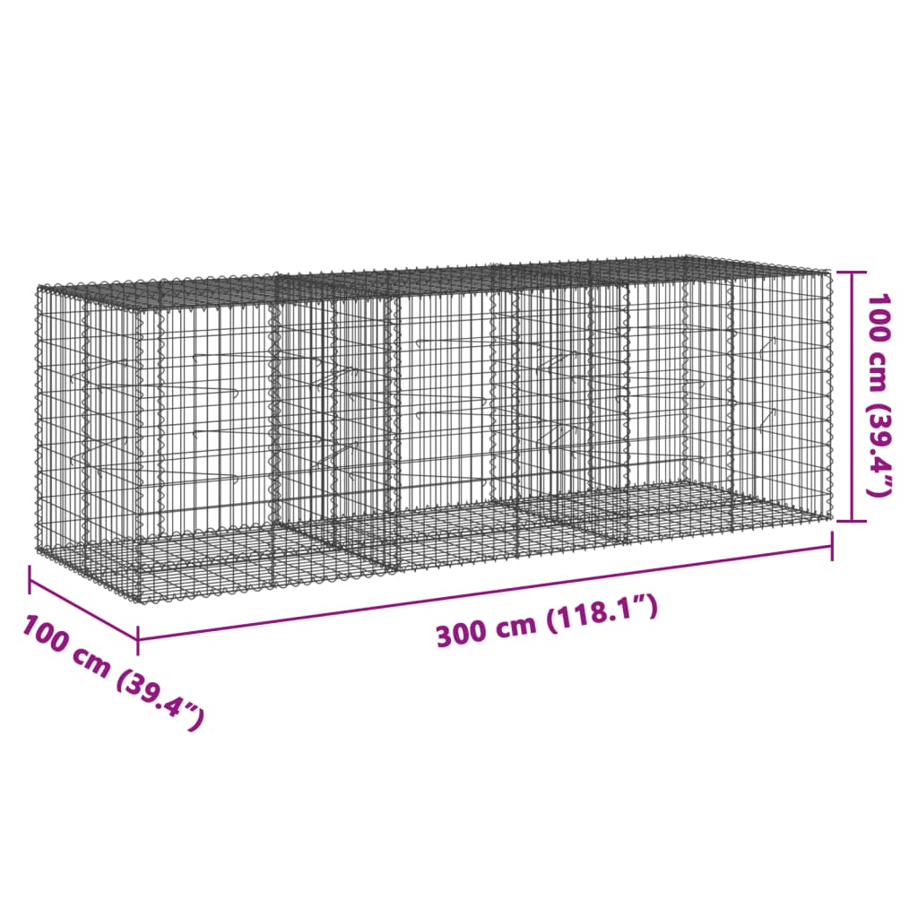 VidaXL Cesto gabião com cobertura 300x100x100 cm ferro galvanizado