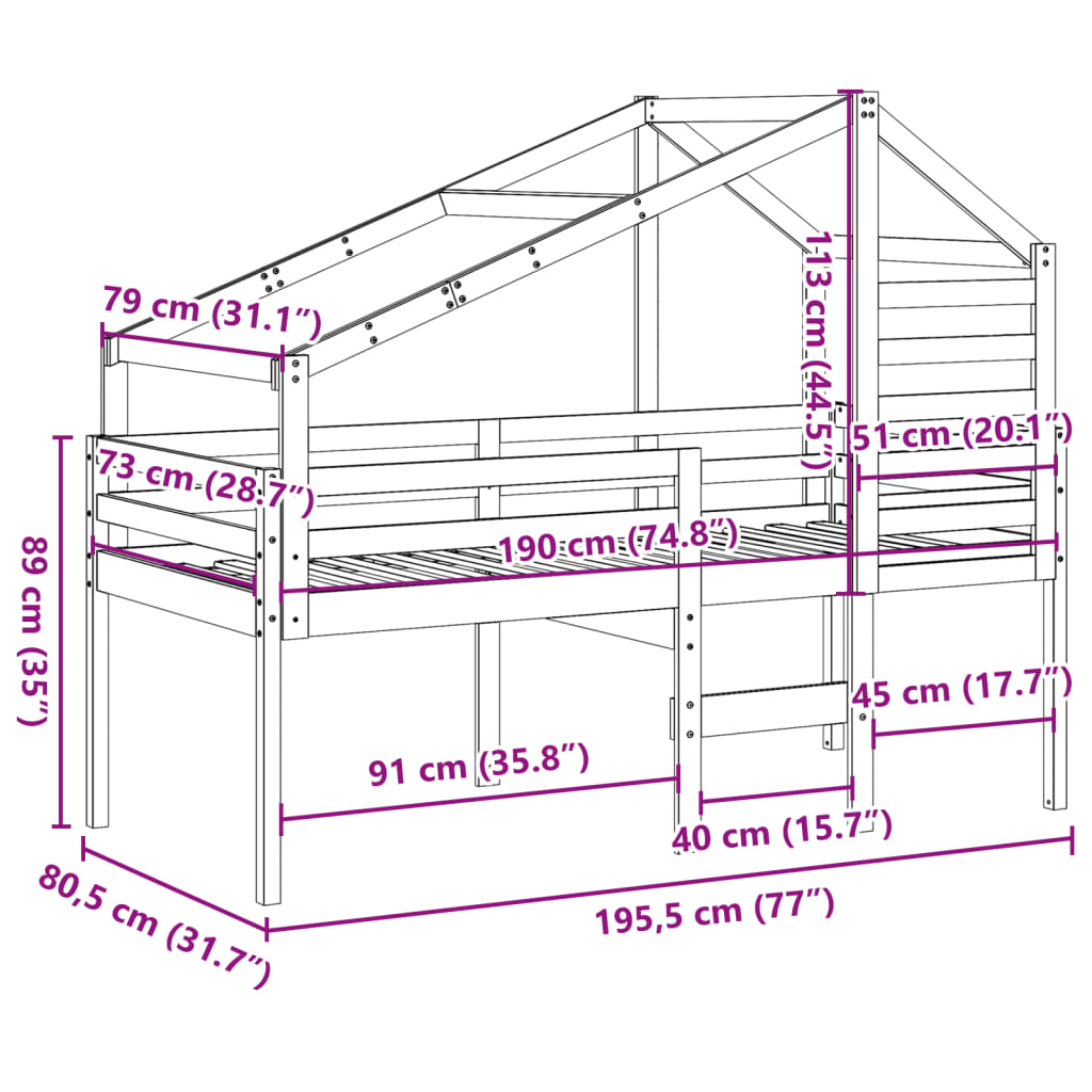 vidaXL Cama alta com telhado 75x190 cm pinho maciço branco