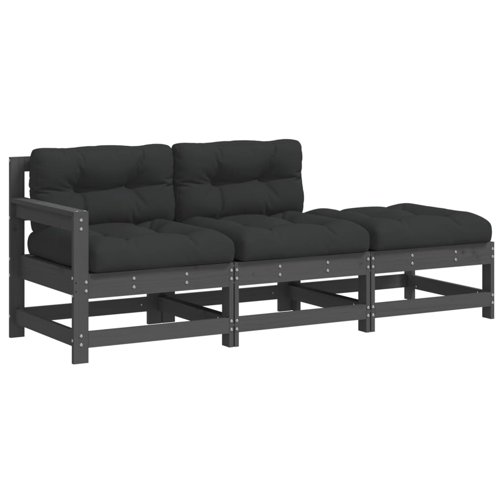 vidaXL 3 pcs conjunto lounge jardim c/ almofadões madeira maciça cinza