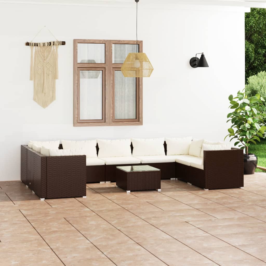 vidaXL 10 pcs conjunto lounge jardim c/ almofadões vime PE castanho