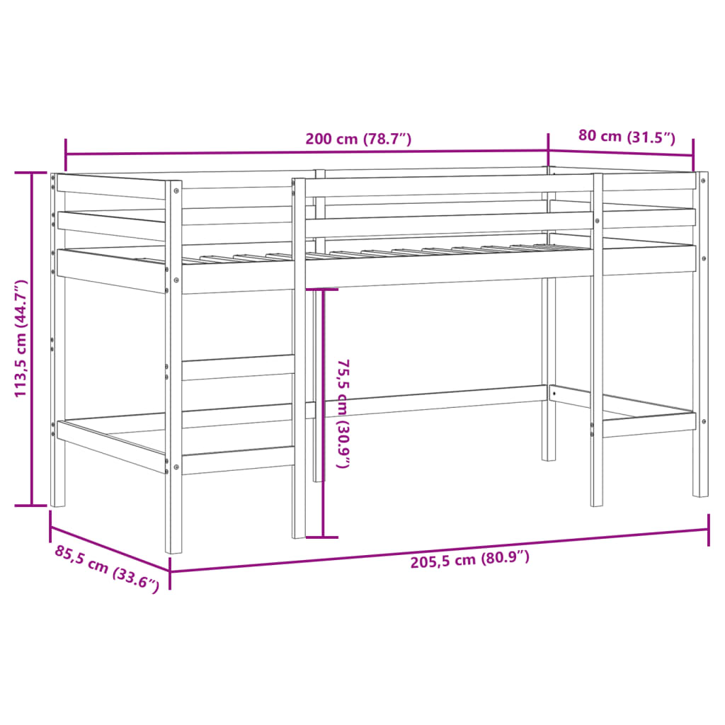 vidaXL Cama alta p/ criança c/ escada 80x200 cm pinho maciço branco