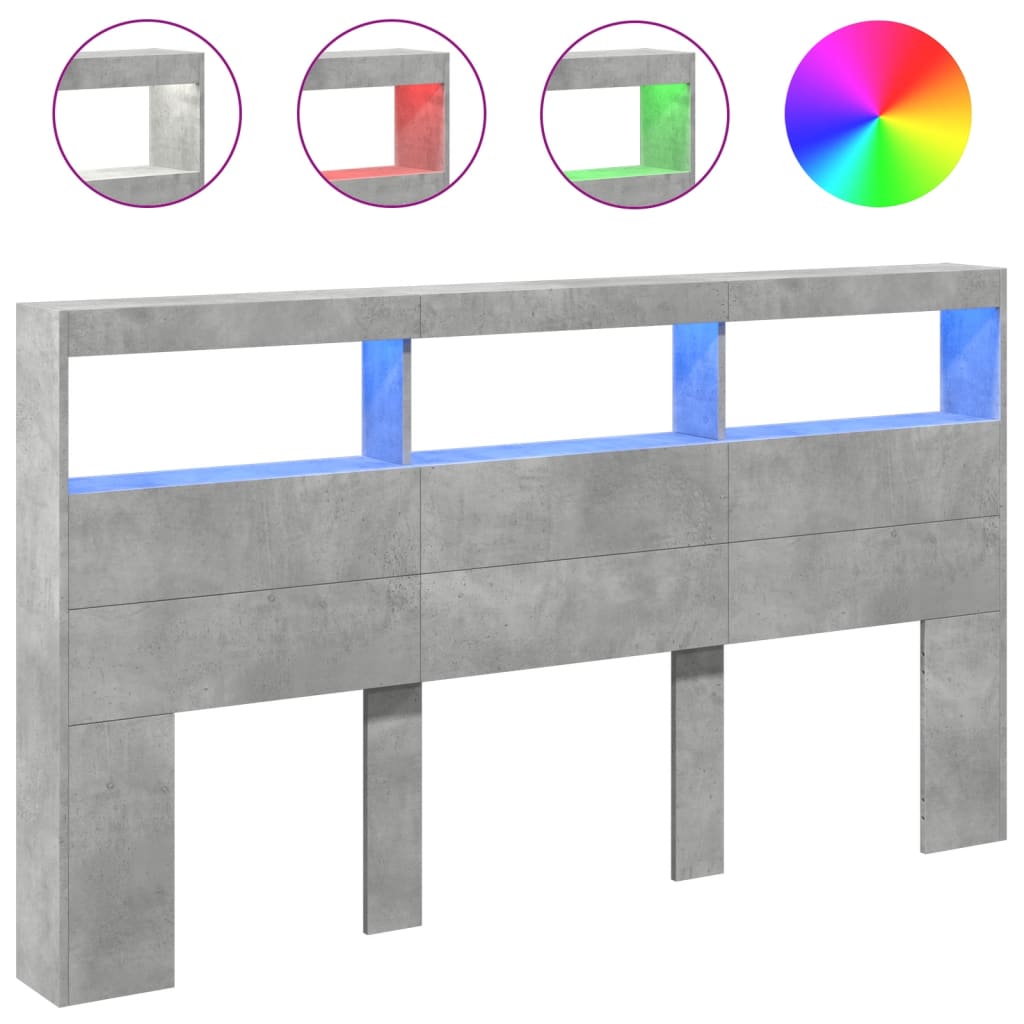 vidaXL Armário de cabeceira c/ luzes LED 180x17x102cm cinzento cimento