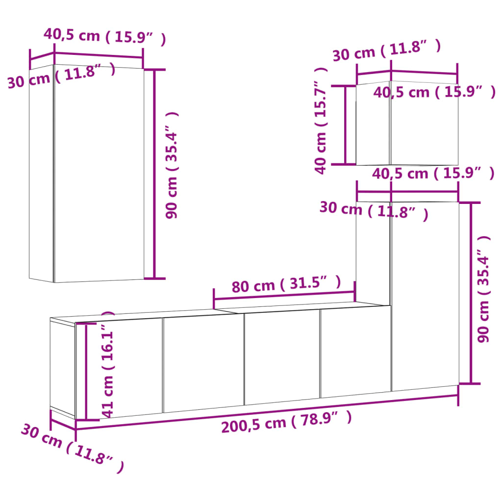 vidaXL 5 pcs móveis de parede p/ TV derivados de madeira cinza sonoma