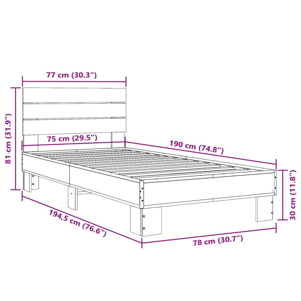 vidaXL Estrutura de cama 75x190 cm derivados de madeira e metal preto