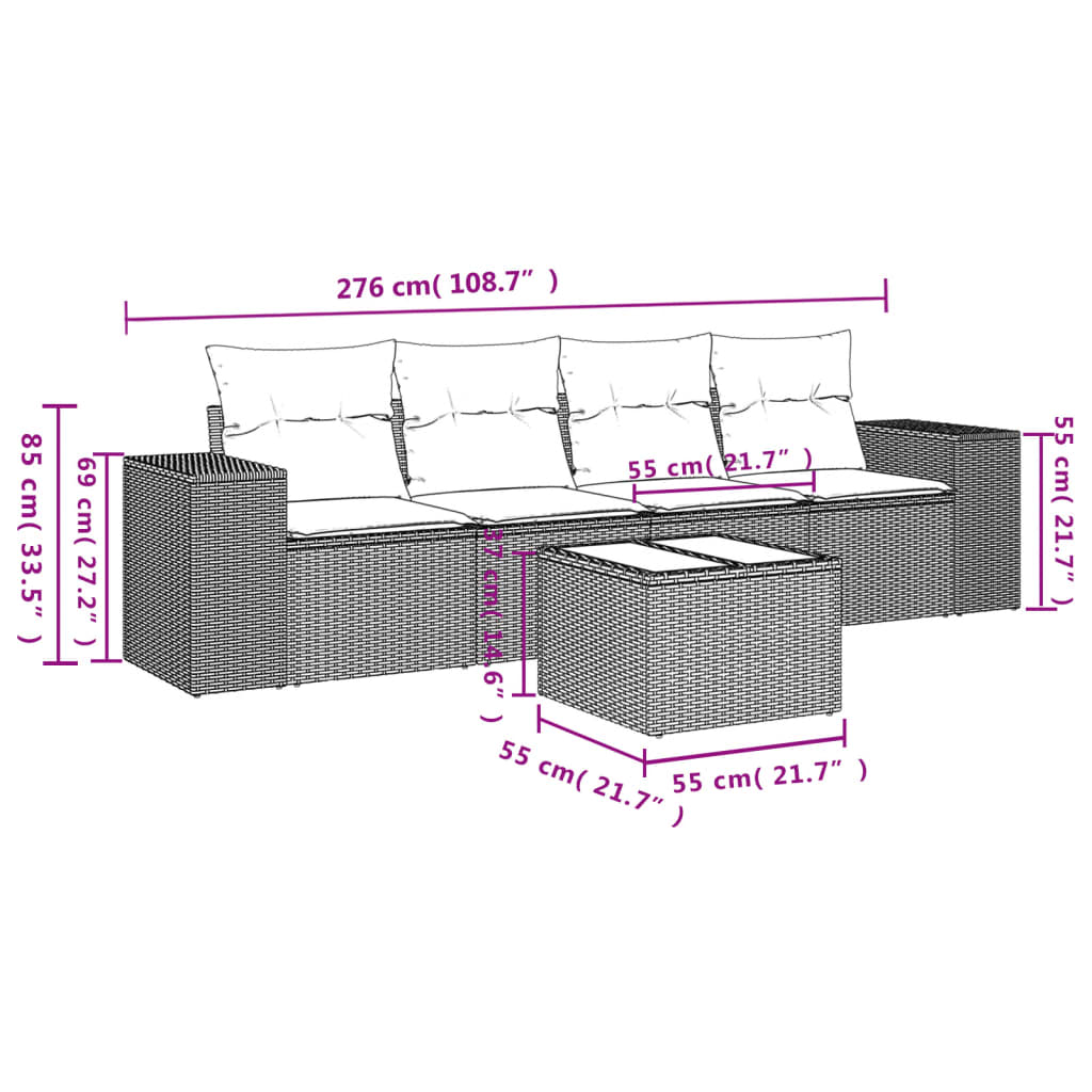 vidaXL 5 pcs conjunto sofás de jardim c/ almofadões vime PE cinzento