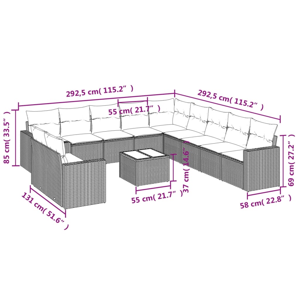 vidaXL 12 pcs conjunto de sofás p/ jardim com almofadões vime PE bege