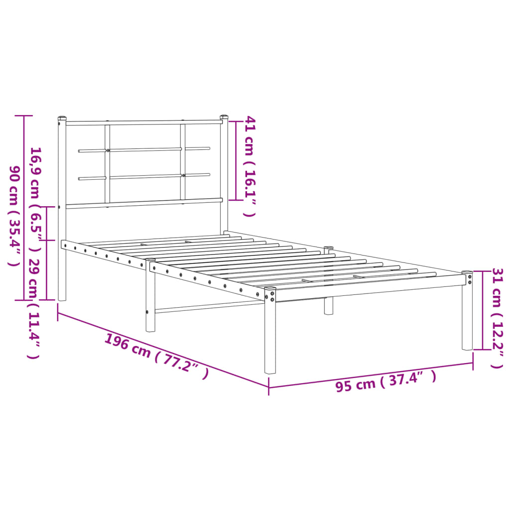 vidaXL Estrutura de cama com cabeceira 90x190 cm metal branco