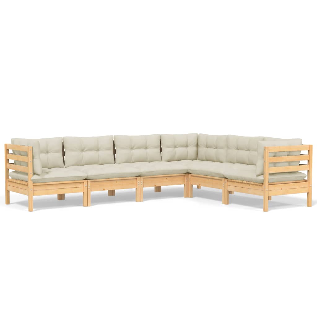 vidaXL 6 pcs conjunto lounge jardim c/ almofadões creme pinho maciço