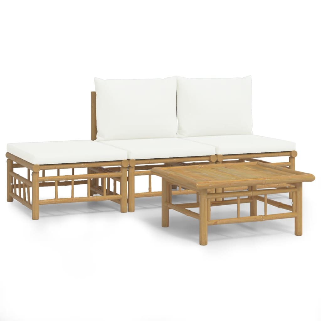 vidaXL 4 pcs conjunto lounge de jardim bambu c/ almofadões branco nata