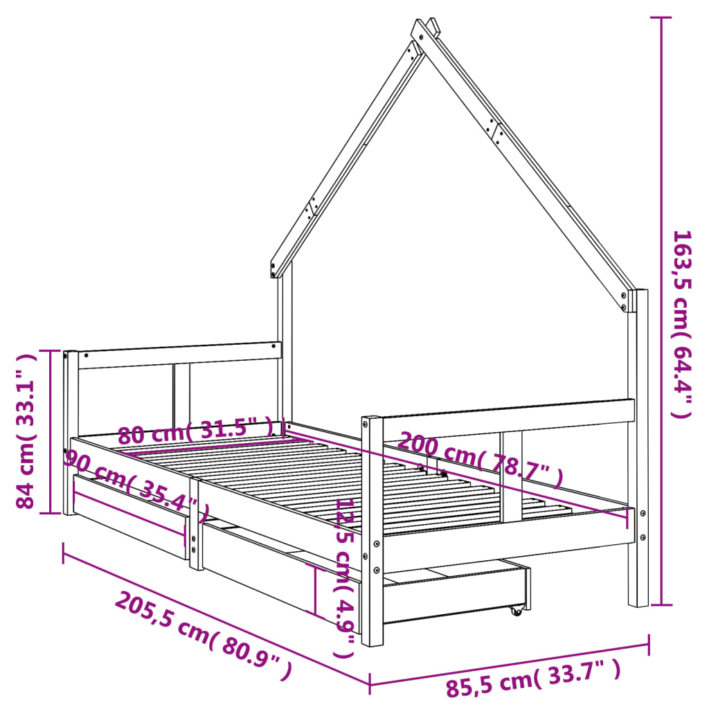 vidaXL Estrutura cama infantil c/ gavetas 80x200cm pinho maciço preto