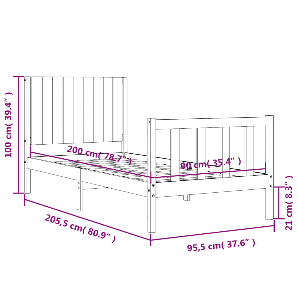 vidaXL Estrutura de cama com cabeceira 90x200 cm madeira maciça