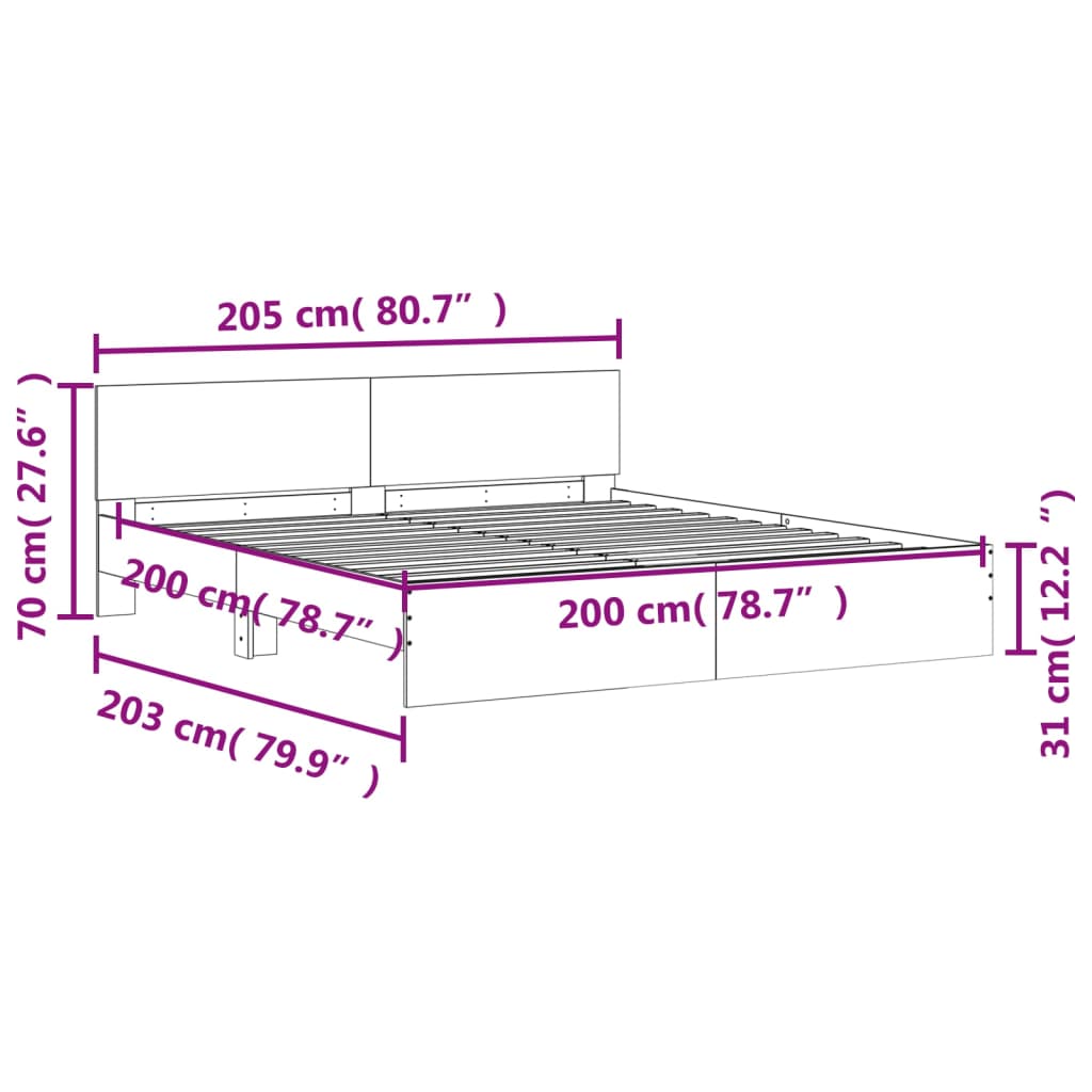 vidaXL Estrutura cama c/ cabeceira/luzes LED 200x200cm cinzento sonoma