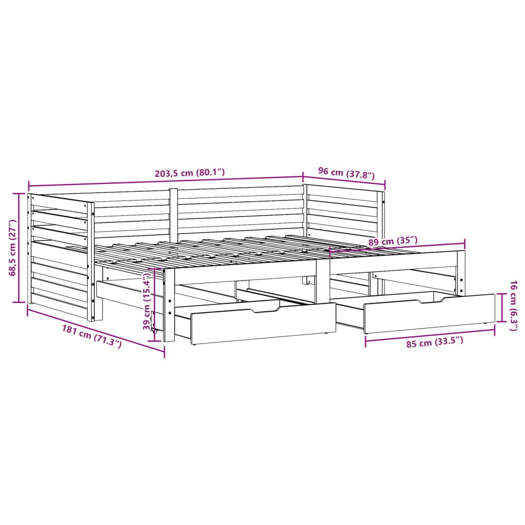 vidaXL Sofá-cama c/ gavetas 90x200cm madeira de pinho maciça branco