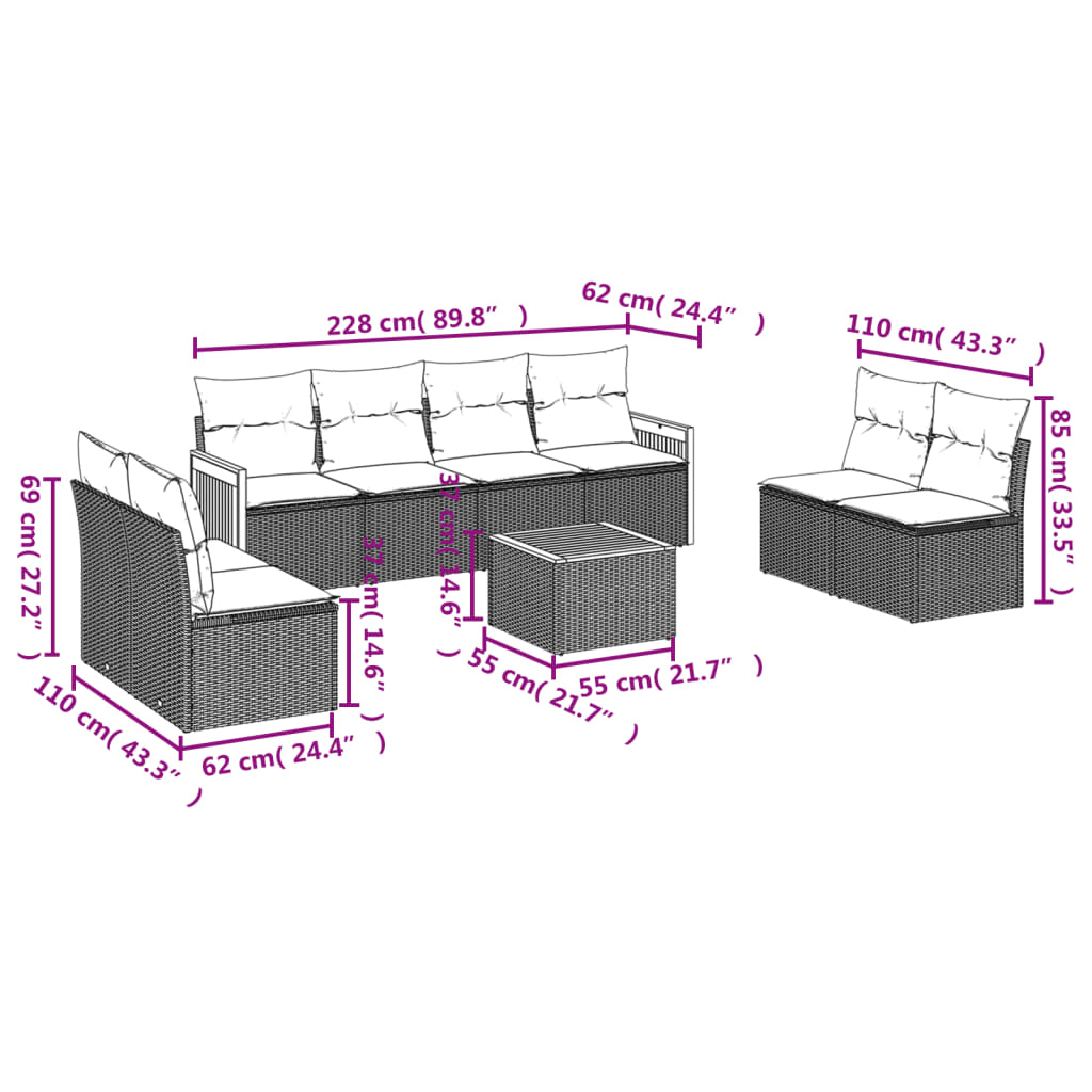 vidaXL 9 pcs conjunto de sofás p/ jardim com almofadões vime PE bege