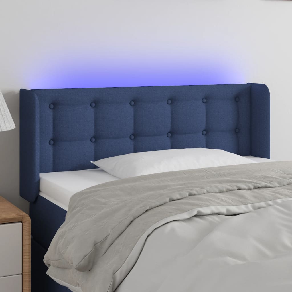 vidaXL Cabeceira de cama c/ luzes LED tecido 83x16x78/88 cm azul