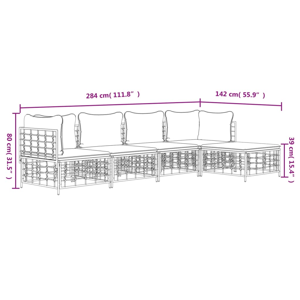 vidaXL 5 pcs conjunto lounge de jardim c/ almofadões vime PE antracite