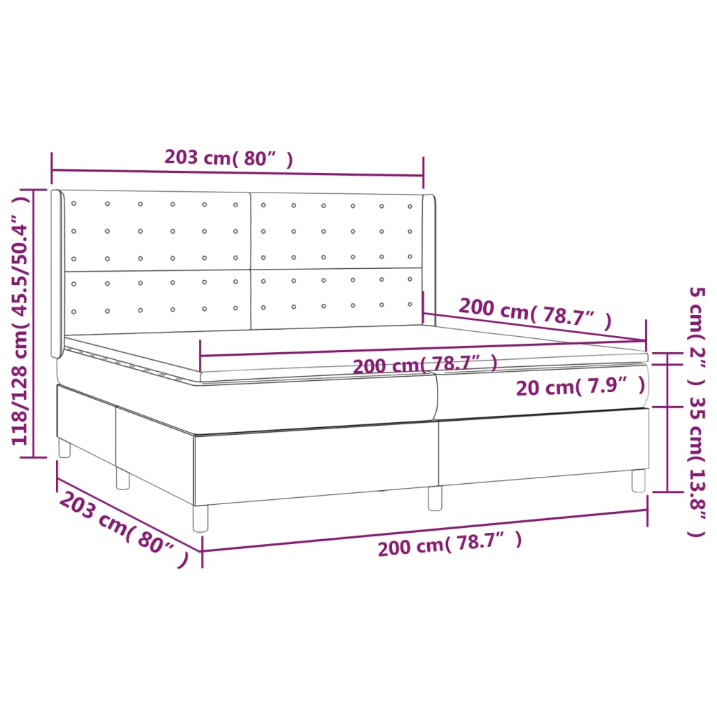 vidaXL Cama box spring c/ colchão/LED 200x200 cm veludo cinzento-claro