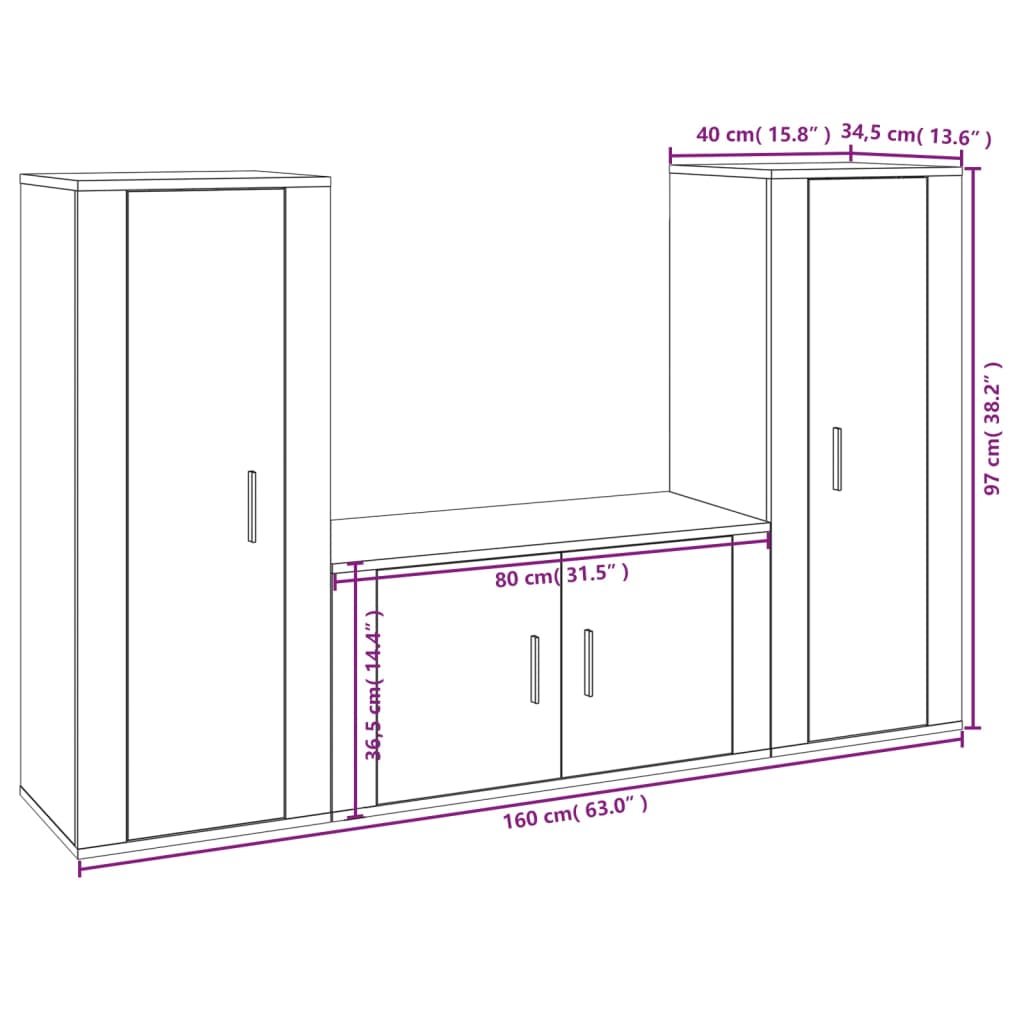 vidaXL 3 pcs conjunto móveis de TV madeira processada branco brilhante