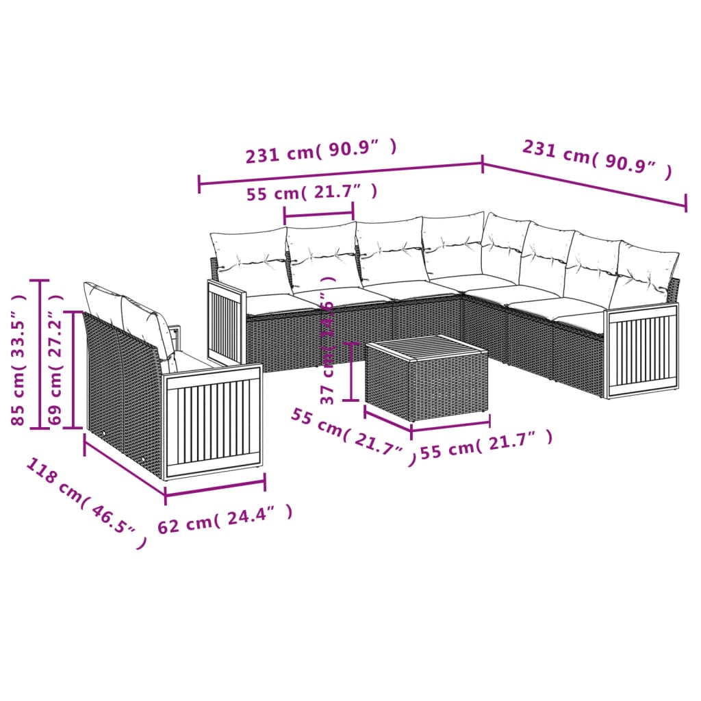 vidaXL 10 pcs conjunto de sofás p/ jardim com almofadões vime PE bege