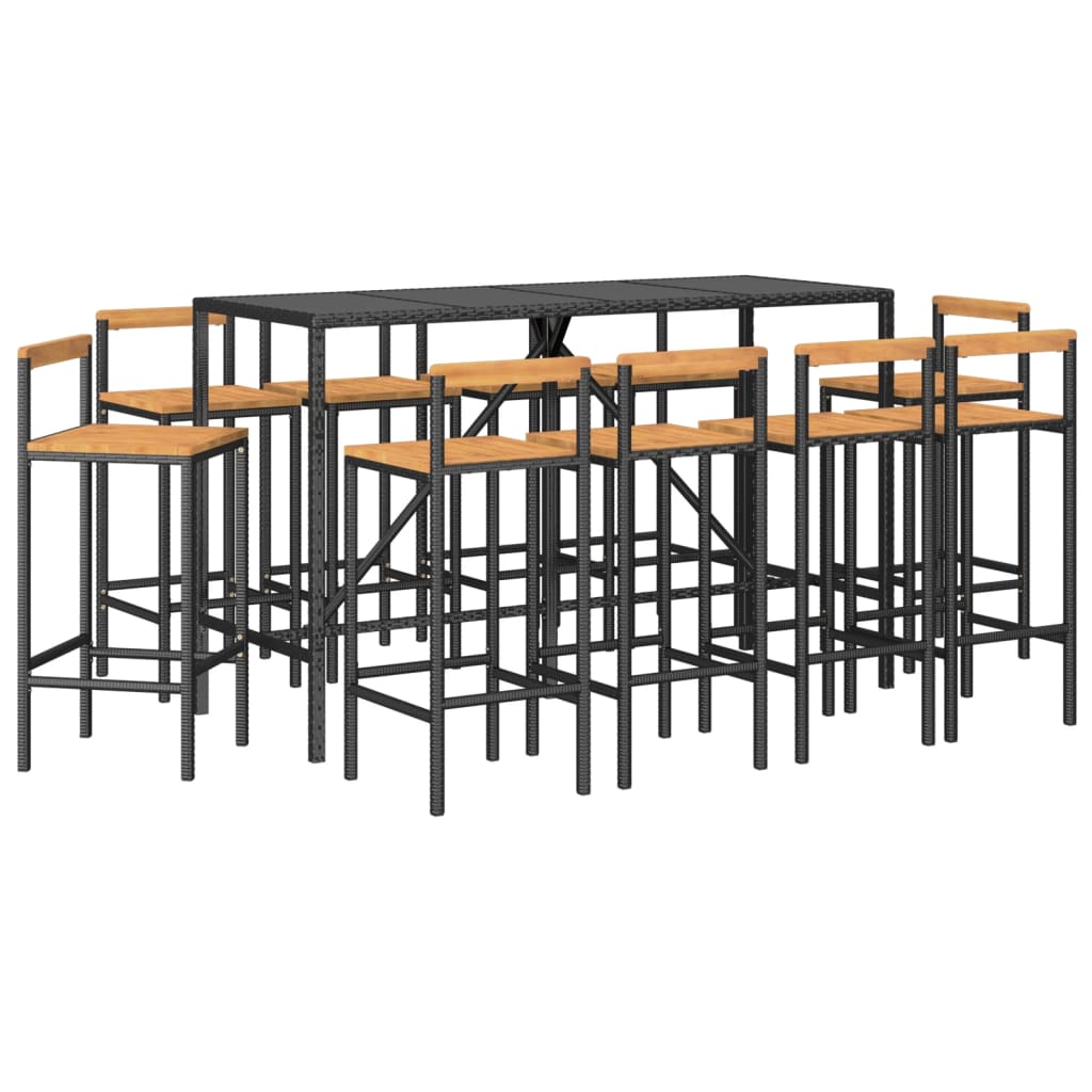 vidaXL 11 pcs conjunto de bar p/ jardim vime PE/acácia maciça preto