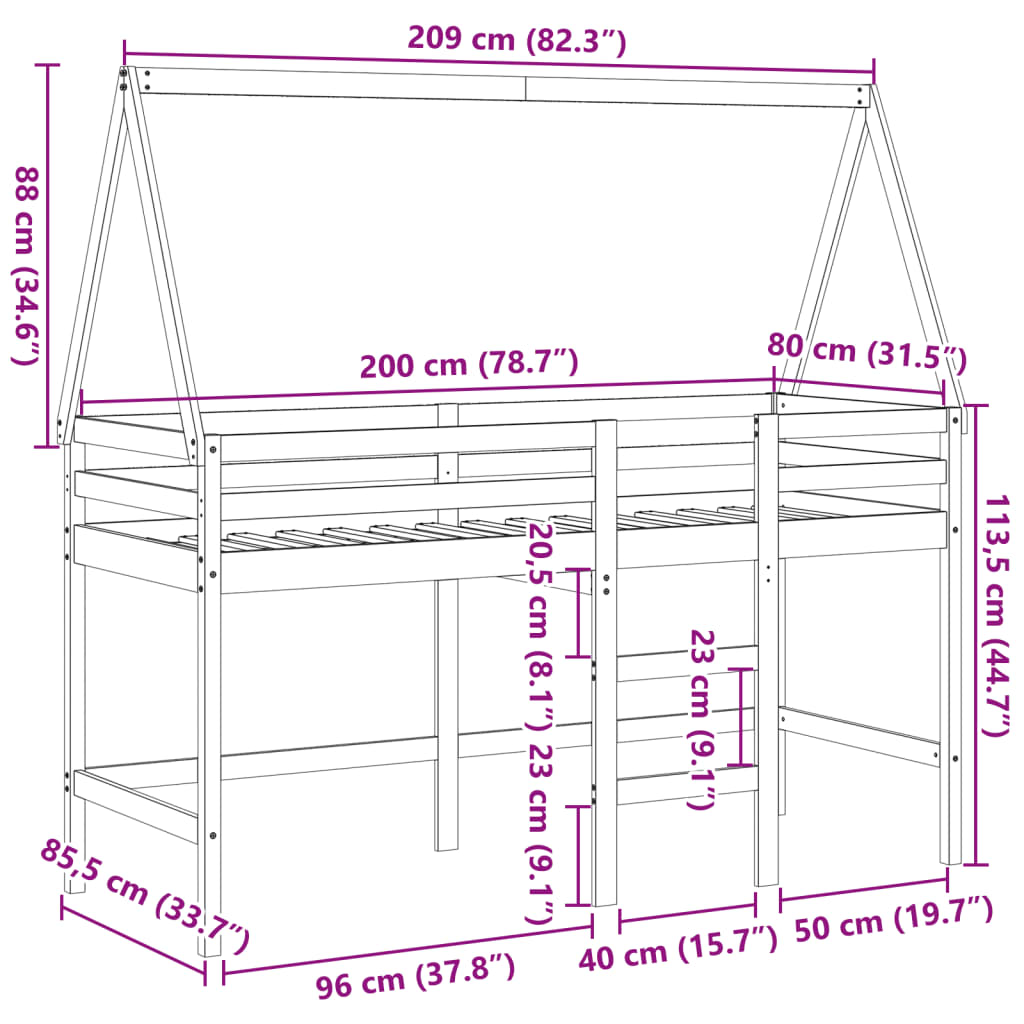 vidaXL Cama alta c/ escada e telhado 80x200 cm pinho maciço branco