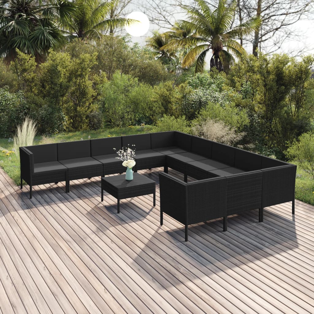 vidaXL 12 pcs conjunto lounge de jardim c/ almofadões vime PE preto