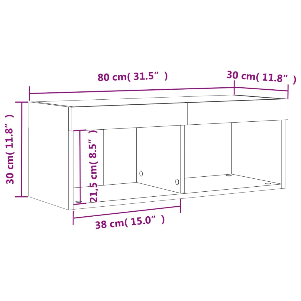 vidaXL Móvel de TV com luzes LED 80x30x30 cm cinzento sonoma