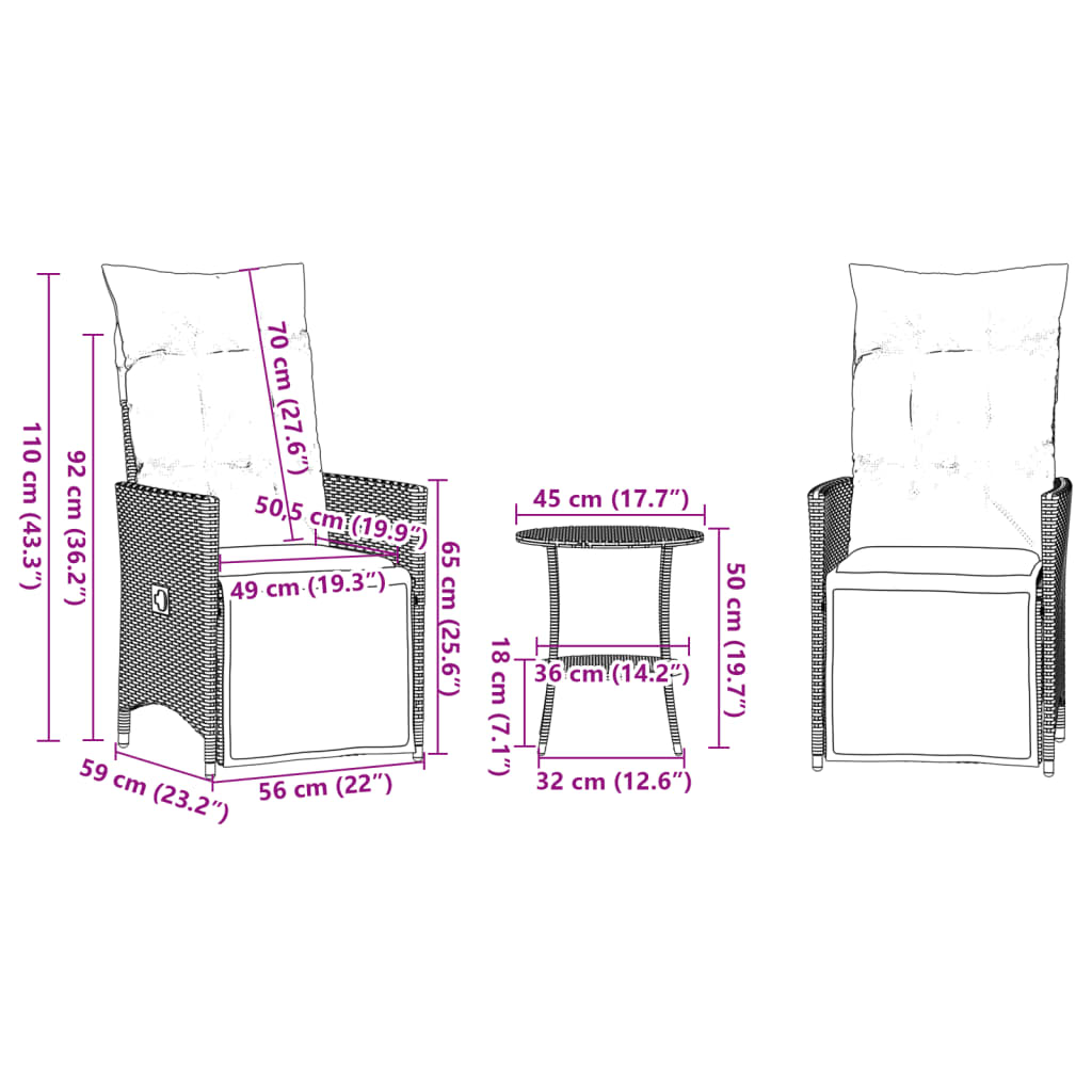 vidaXL 3 pcs conjunto de bistrô com almofadões vime PE preto