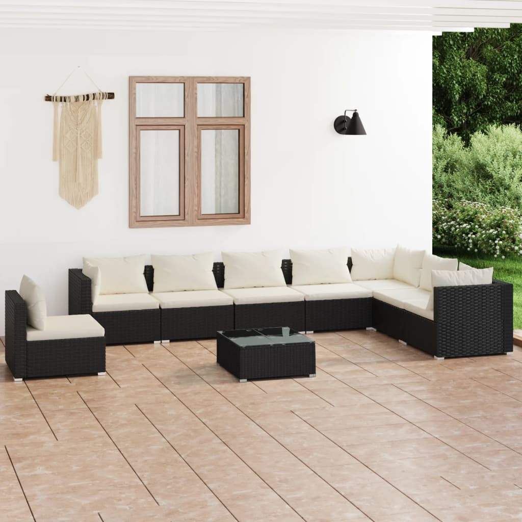 vidaXL 9 pcs conjunto lounge de jardim c/ almofadões vime PE preto