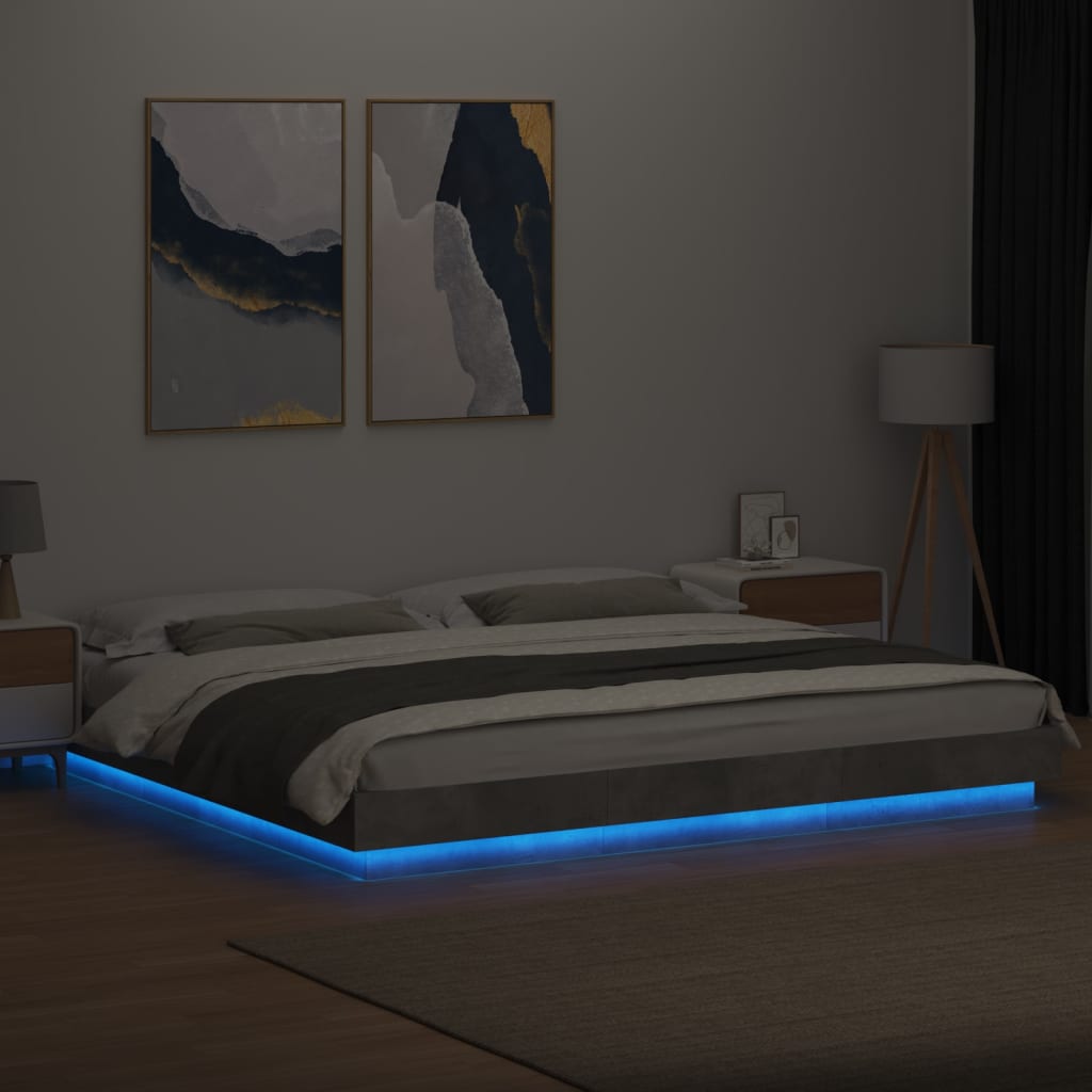 vidaXL Estrutura cama c/ luzes LED derivados de madeira cinza cimento