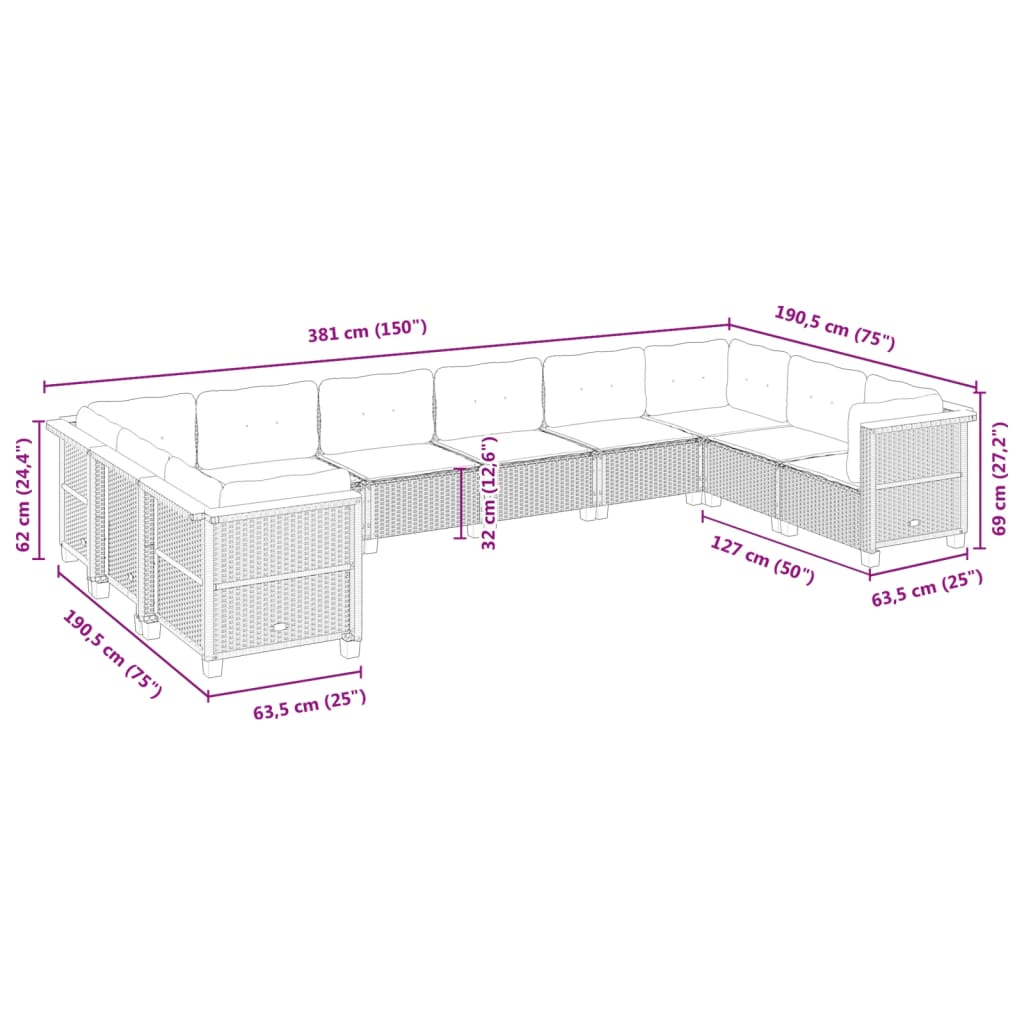 vidaXL 10 pcs conjunto sofás de jardim c/ almofadões vime PE cinzento