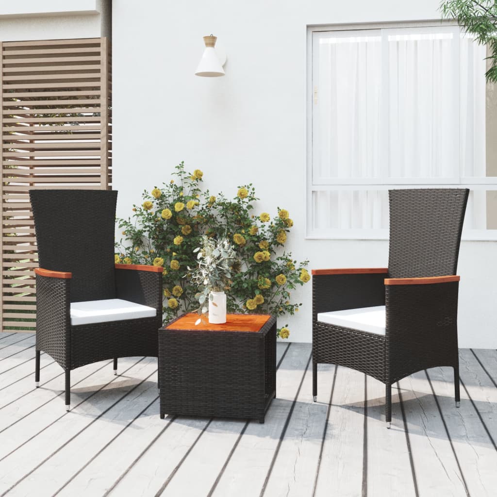 vidaXL 3 pcs conjunto lounge para jardim vime PE/acácia maciça preto