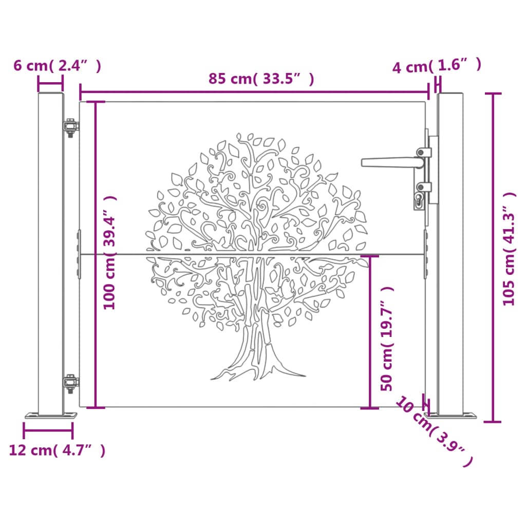 vidaXL Portão de jardim 105x105 cm aço corten design árvore