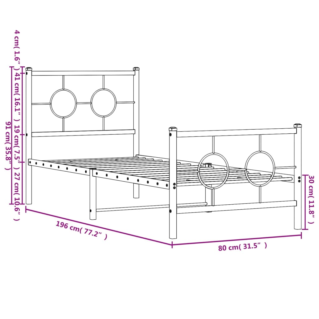 vidaXL Estrutura de cama com cabeceira e pés 75x190 cm metal preto