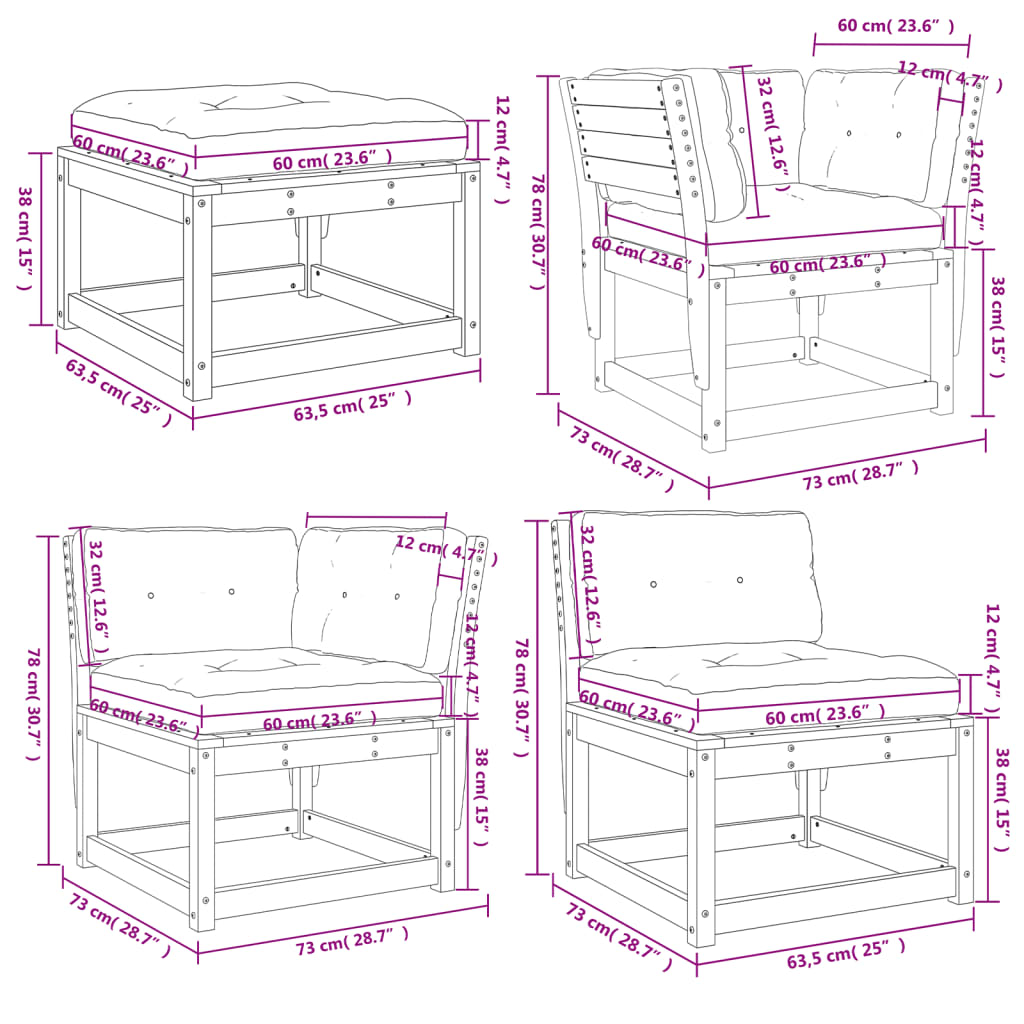 vidaXL 5 pcs conjunto lounge de jardim c/ almofadões pinho maciço