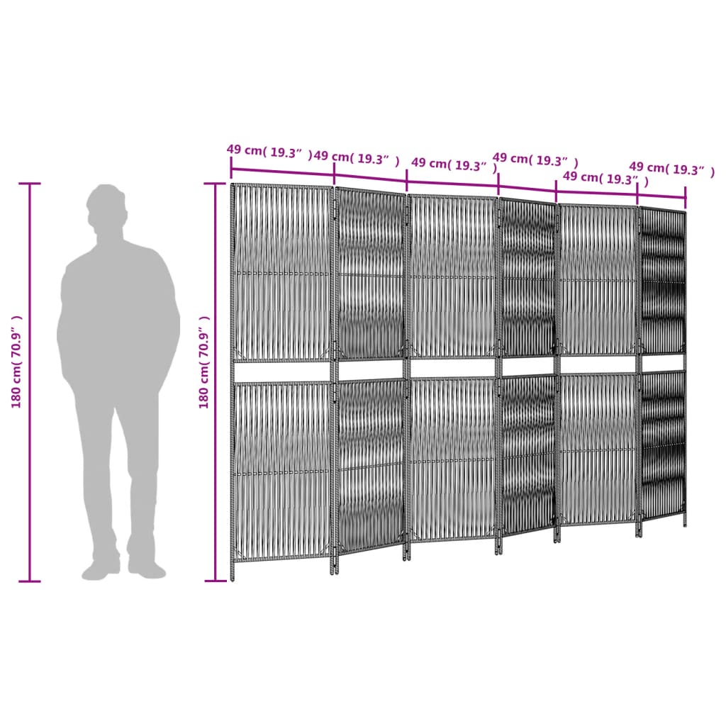 vidaXL Biombo de divisão 6 painéis vime PE cinzento