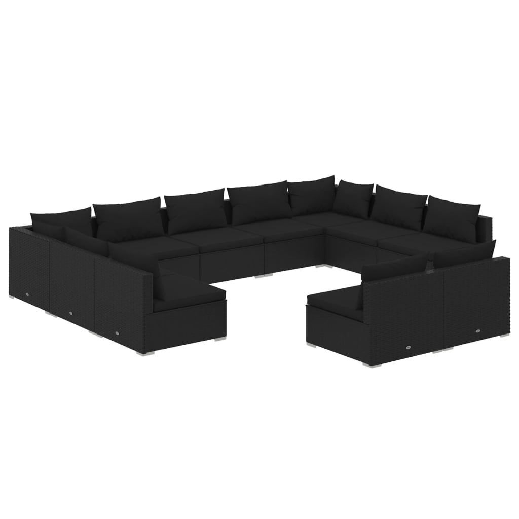 vidaXL 11 pcs conjunto lounge de jardim c/ almofadões vime PE preto