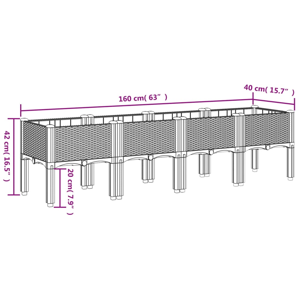 vidaXL Vaso/floreira de jardim c/ pernas 160x40x42cm PP cinzento-claro