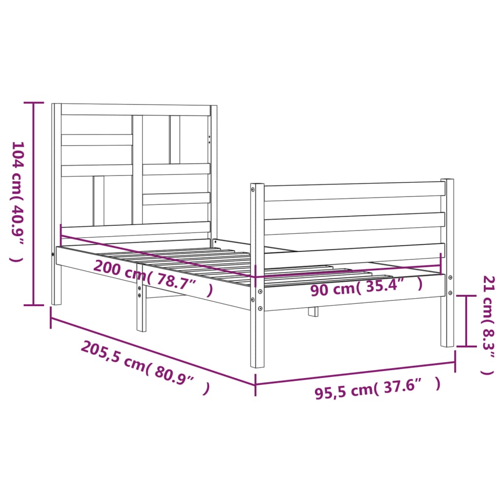 vidaXL Estrutura de cama com cabeceira 90x200 cm madeira maciça