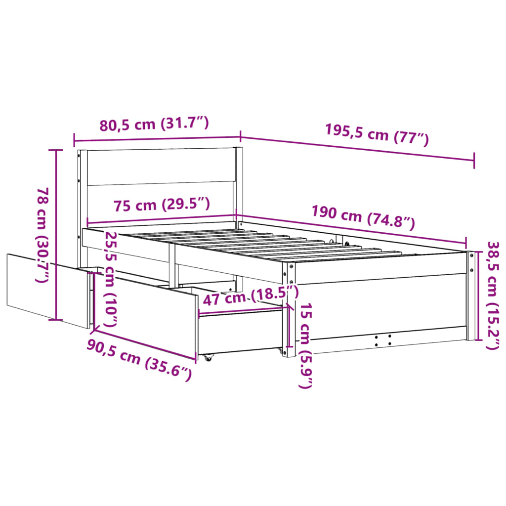 vidaXL Cama sem colchão 75x190 cm madeira de pinho maciça branco