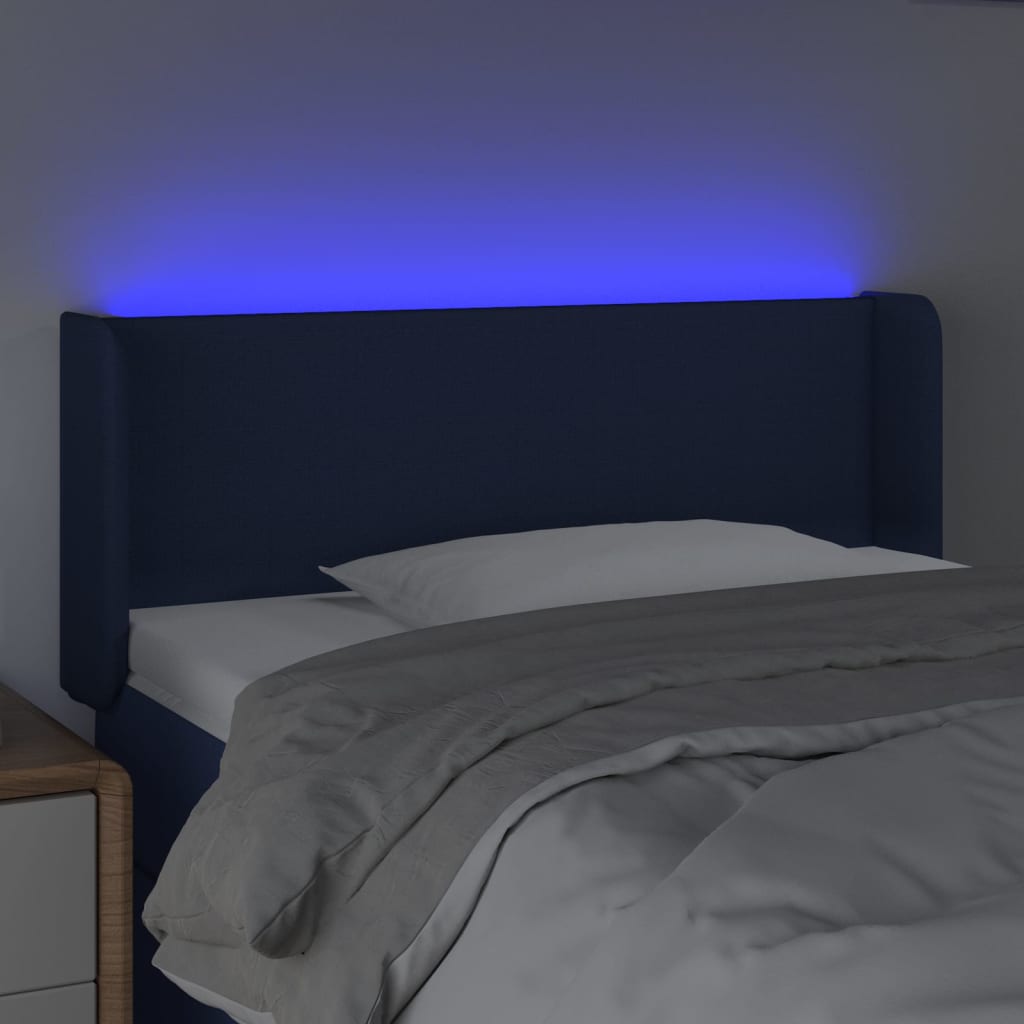 vidaXL Cabeceira de cama c/ luzes LED tecido 83x16x78/88 cm azul