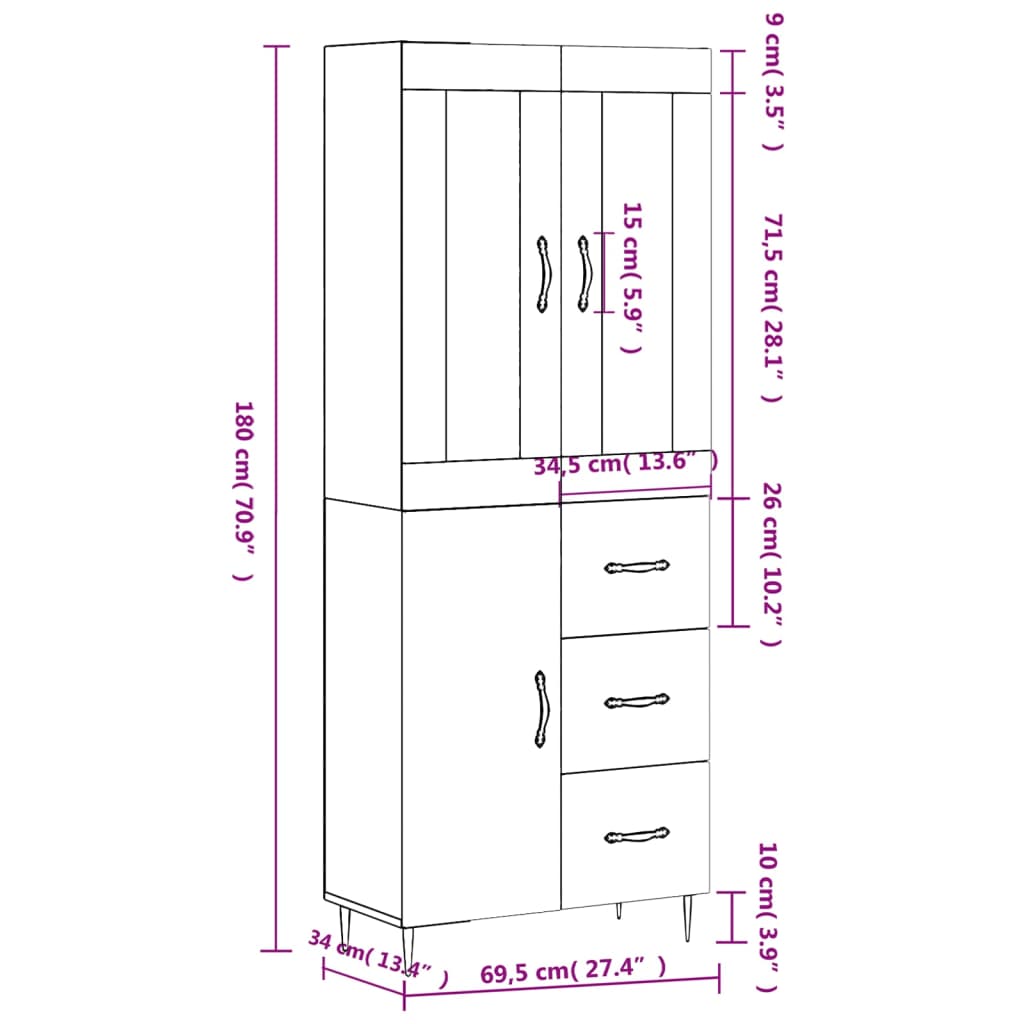 vidaXL Armário alto 69,5x34x180 cm derivados de madeira sonoma cinza