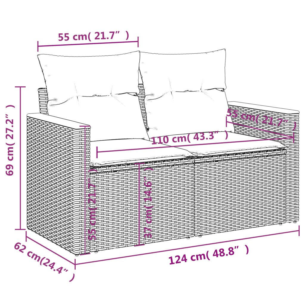 vidaXL 8 pcs conjunto sofás de jardim com almofadões vime PE preto