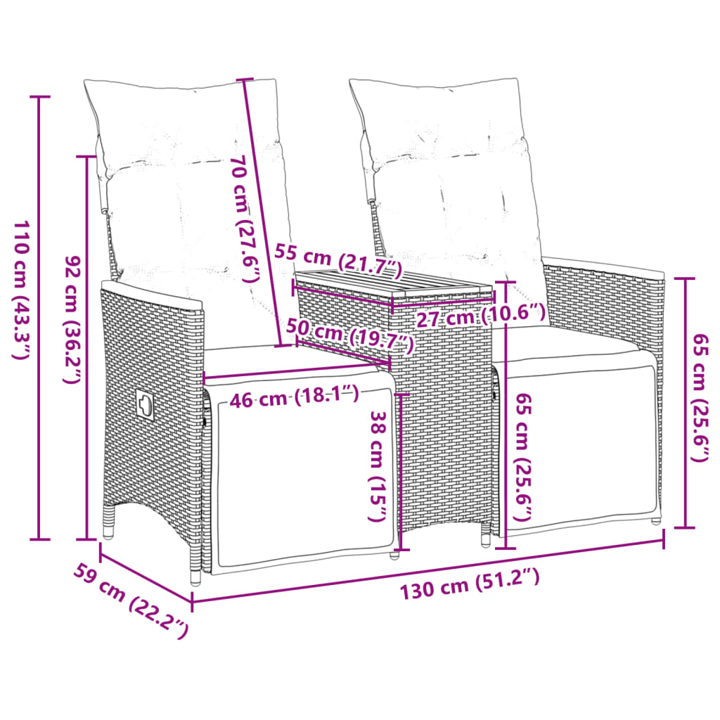 vidaXL Sofá de jardim reclinável 2 lugares com mesa vime PE cinzento