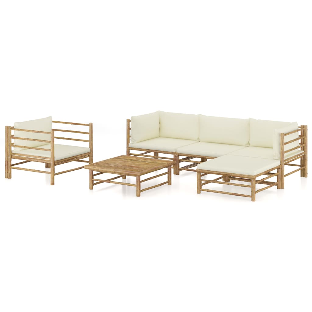 vidaXL 6 pcs conj. lounge p/ jardim em bambu c/ almofadões branco nata