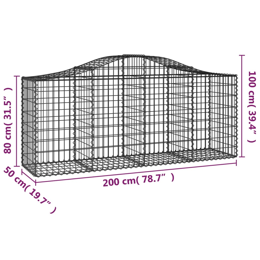 vidaXL Cestos gabião arqueados 25pcs 200x50x80/100cm ferro galvanizado