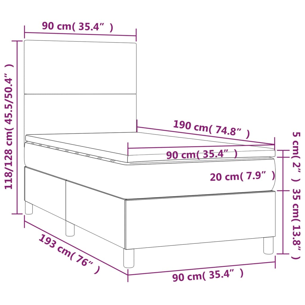 vidaXL Cama box spring c/ colchão/LED 90x190cm couro artificial branco