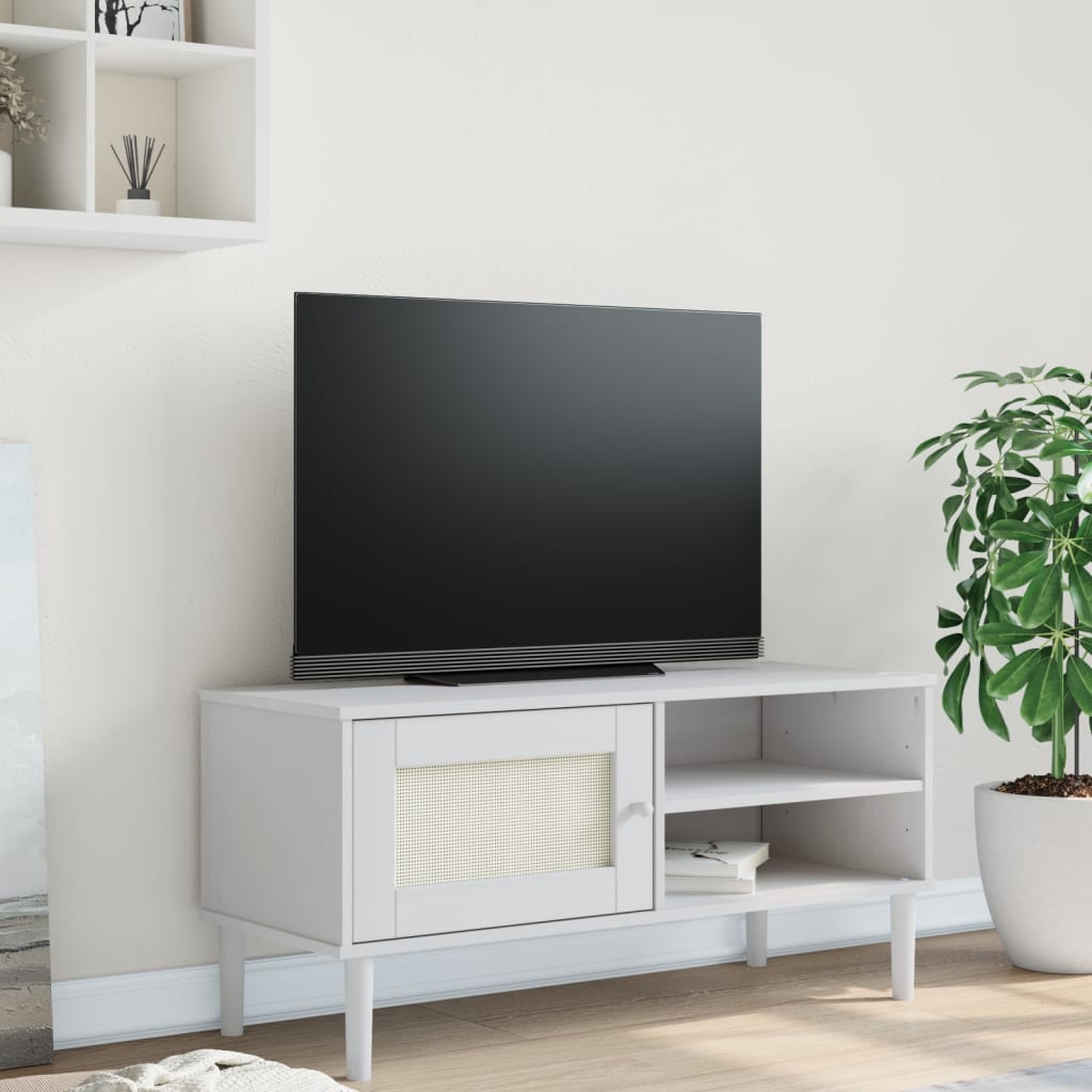 vidaXL Móvel de TV SENJA aspeto vime 106x40x49 cm pinho maciço branco