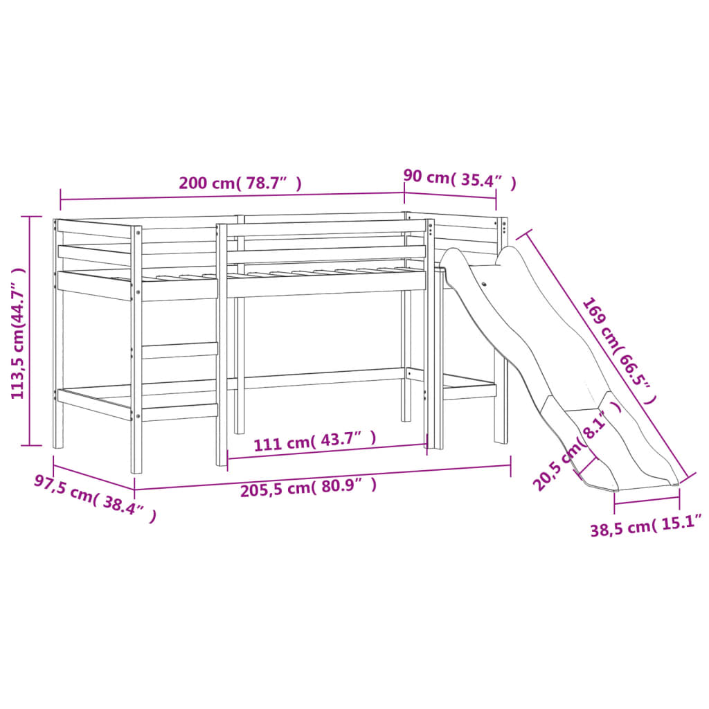 vidaXL Cama alta para criança com torre 90x200 cm pinho maciço rosa