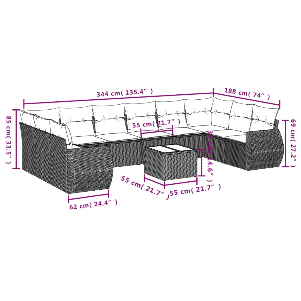 vidaXL 10 pcs conjunto sofás de jardim c/ almofadões vime PE cinzento